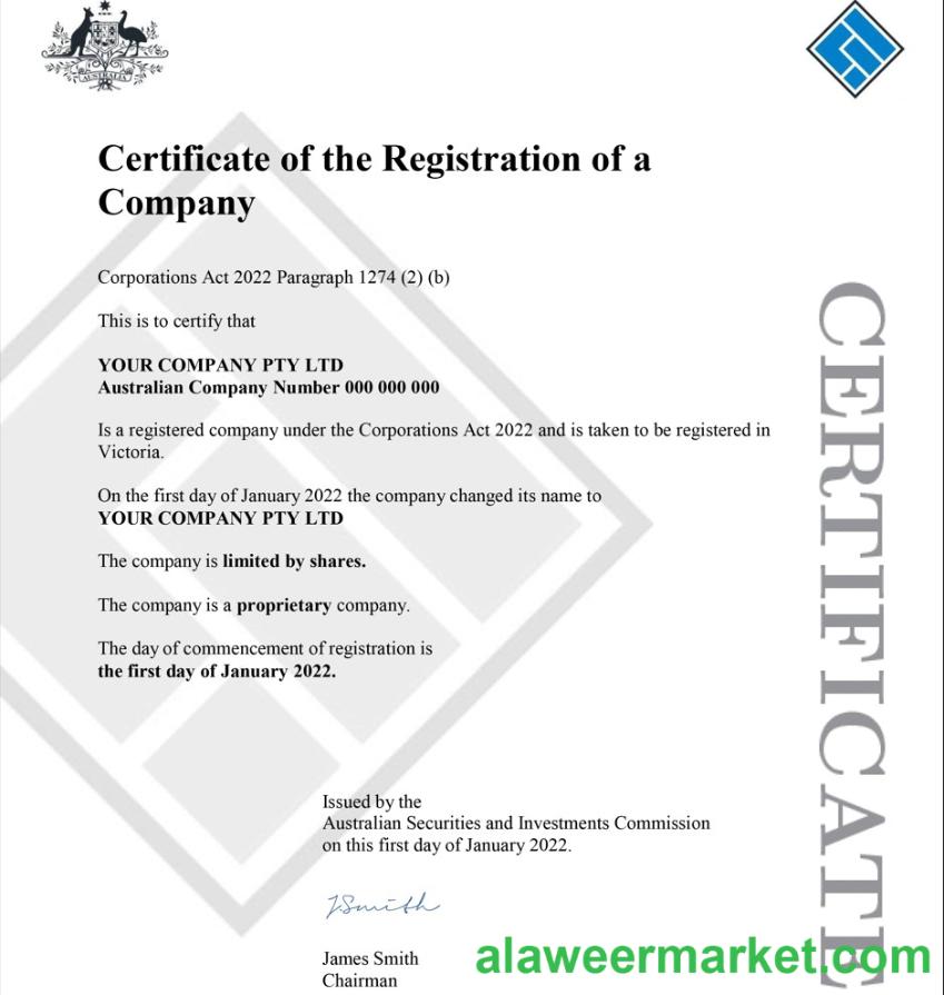 Australian Securities and Investments Commission’s (ASIC) Certificate of Company Registration 1